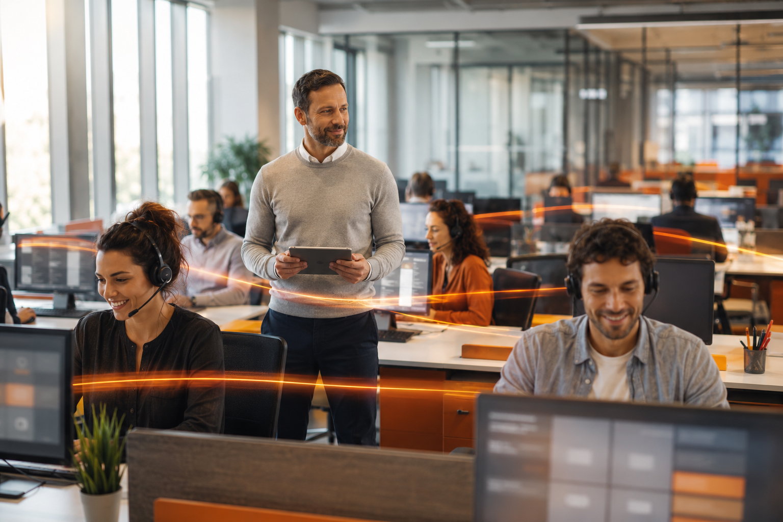 Lächelnde Contact-Center-Mitarbeitende mit Headsets arbeiten an ihren Rechnern in einem hellen Großraumbüro, während ein Supervisor mit Tablet zwischen ihnen steht und leuchtende orangefarbene Datenlinien durch den Raum verlaufen, die intelligente Anrufverteilung symbolisieren.
