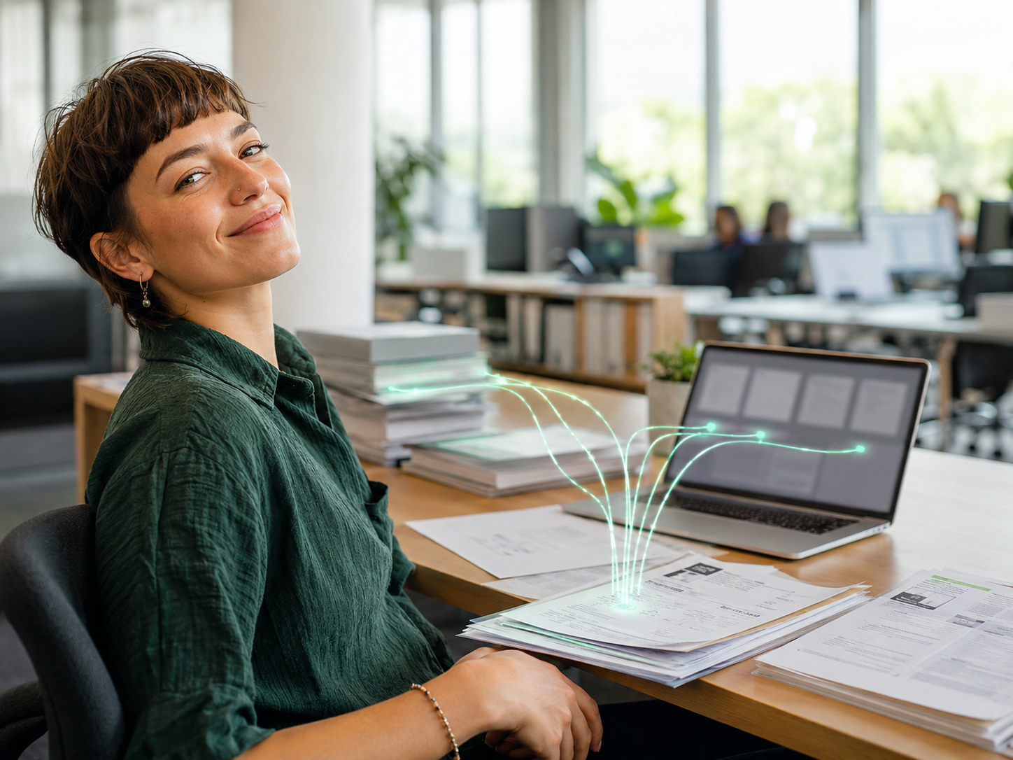 Lächelnde Büroangestellte lehnt sich an ihrem Schreibtisch mit Papierstapeln zurück, während leuchtende grüne Datenlinien von den Dokumenten zu ihrem Laptop aufsteigen und automatisierte Datenerfassung symbolisieren.